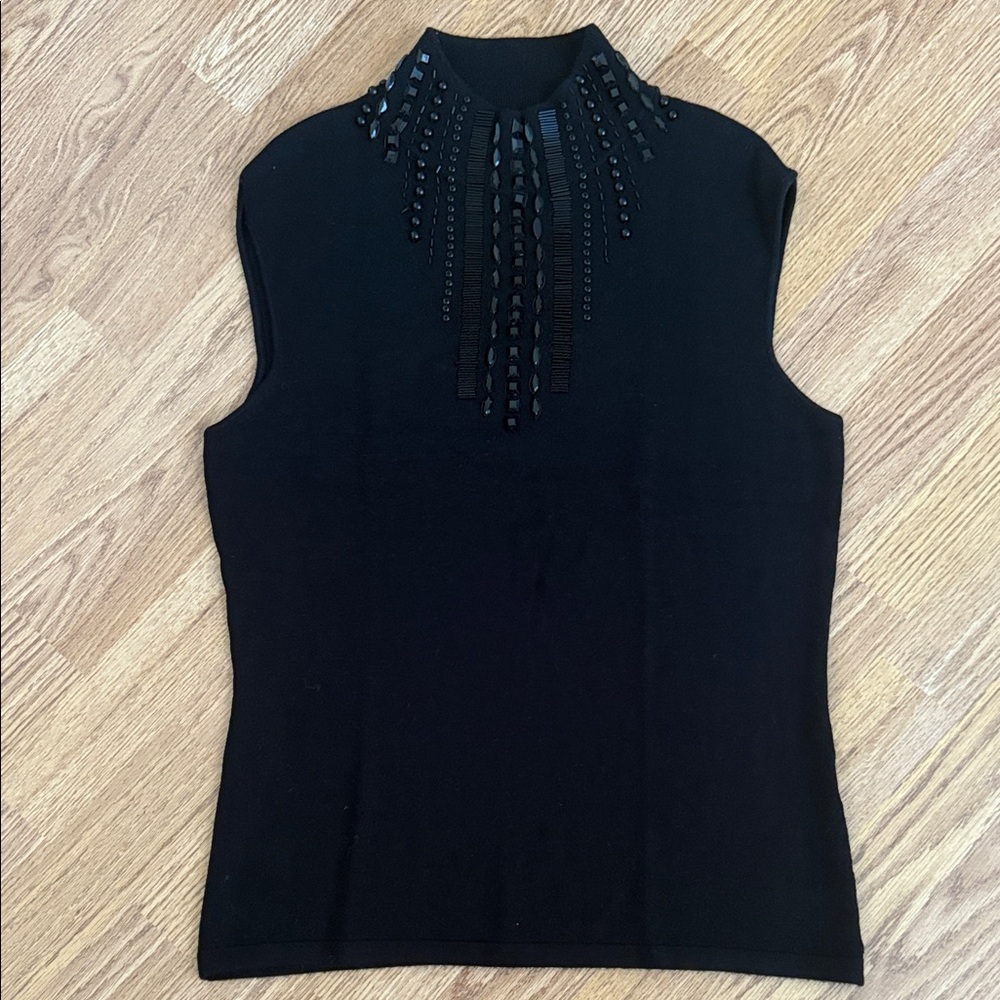 Chic Black Sleeveless Knit Blouse with Beaded Accents